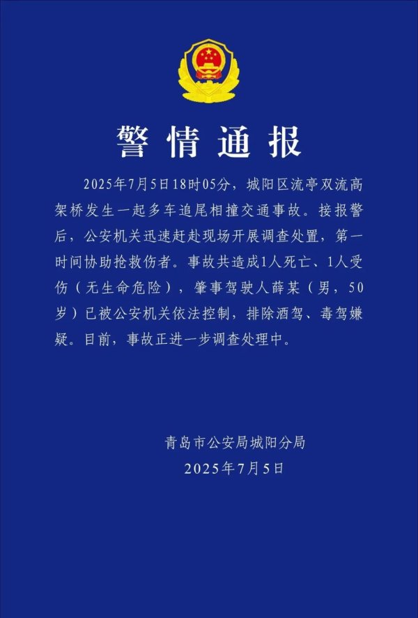 融创优配 青岛一高架多车追尾，致1死1伤！薛某（男，50岁）已被控制